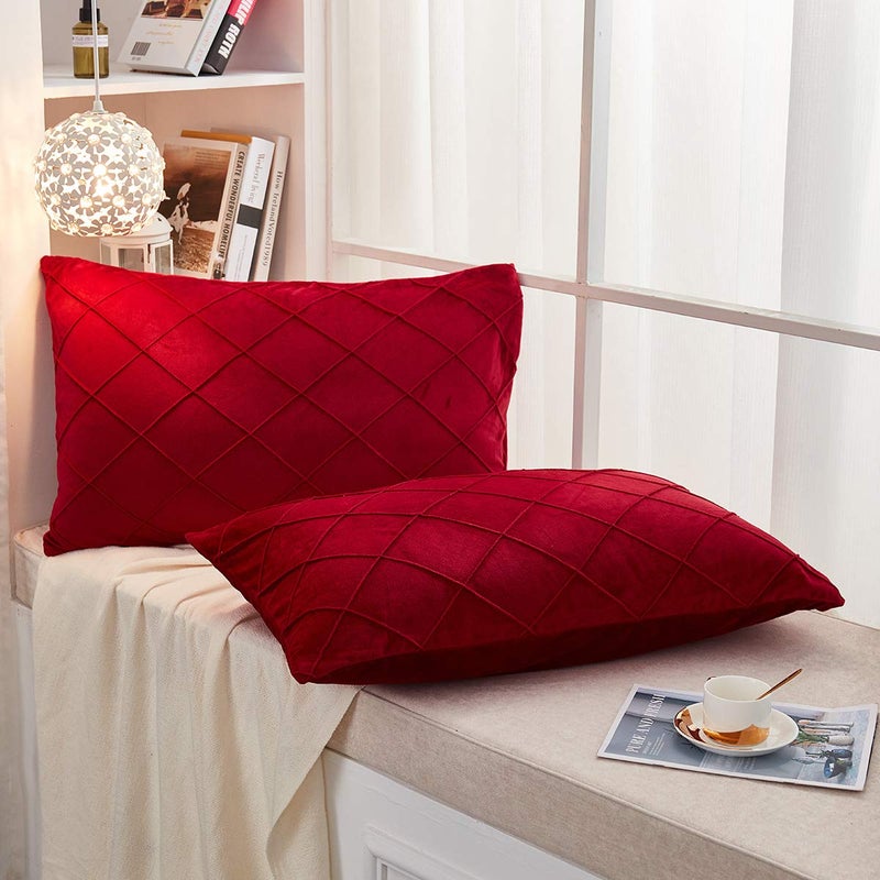 JAUXIO Diamond Pinch Pleated Crystal Velvet Pillowcases 2 Pack Solid Pintuck Throw Cushion Cover for Home Decor Hidden Zipper Closure (Burgundy, Standard) - Image 2
